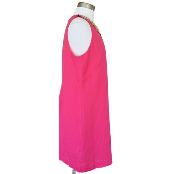 ELIZA J Hot Pink Linen Gold Lace Sleeveless Shift Dress Size 12 Preppy Party - Picture 3 of 10